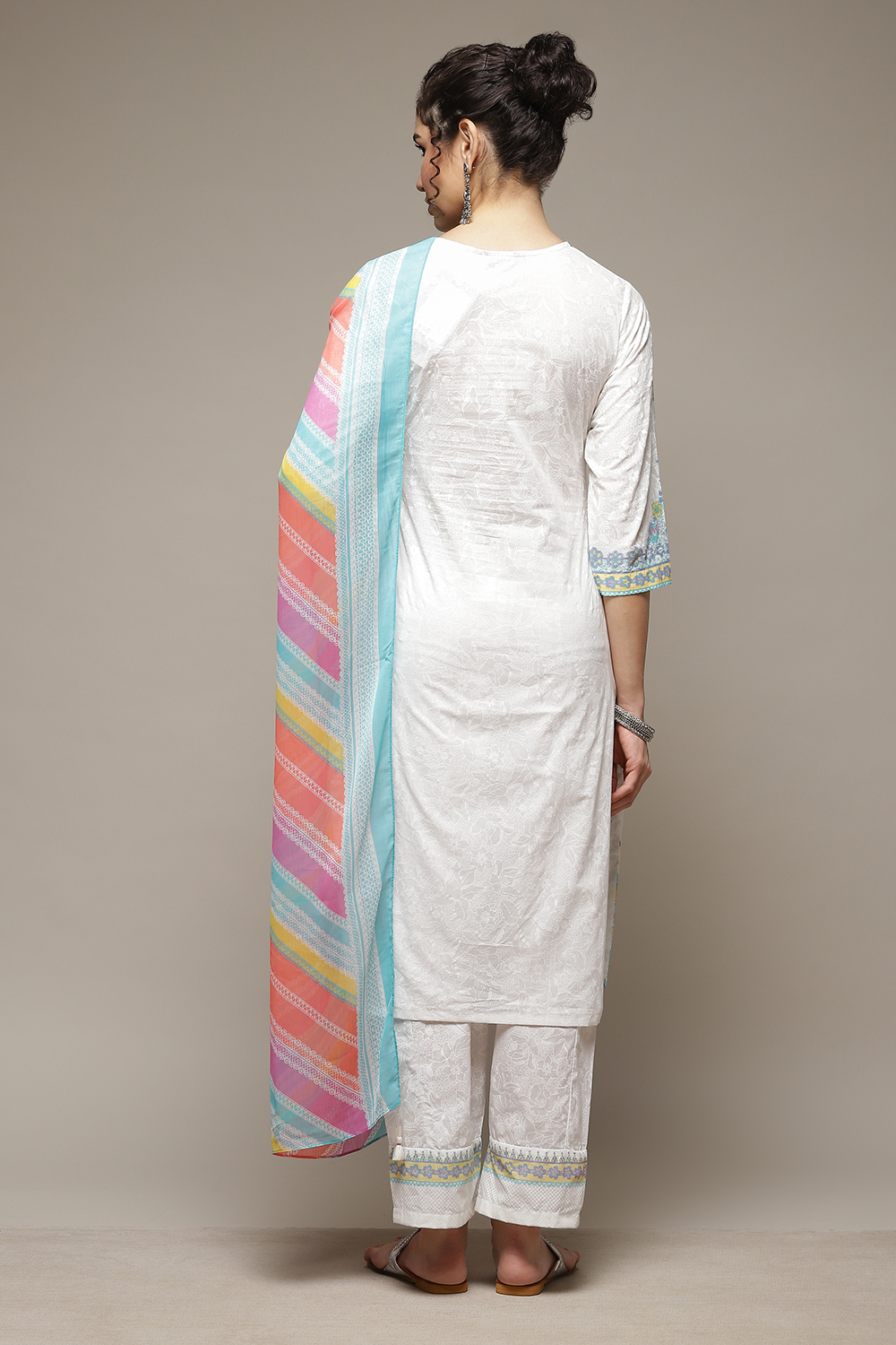 White Woven Straight Kurta Suit Set image number 4